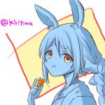  1girl :t animal_ear_fluff animal_ears blue_theme braid brown_background carrot_hair_ornament closed_mouth commentary_request eating food food-themed_hair_ornament from_side fruit hair_between_eyes hair_ornament hand_up highres holding holding_food hololive japanese_clothes kimono kiritoma long_hair looking_at_viewer looking_to_the_side mandarin_orange orange_eyes rabbit_ears short_eyebrows solo thick_eyebrows twitter_username two-tone_background upper_body usada_pekora virtual_youtuber white_background 