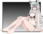  1girl :&lt; absurdres animal_ears arknights barefoot bikini black_background black_bikini black_eyes black_hair blush border braid breasts bright_pupils chinese_commentary closed_mouth commentary_request feet full_body gradient_background grey_background grey_hair grey_tail hair_between_eyes hand_on_own_knee highres knees_up long_hair looking_at_viewer medium_breasts multicolored_hair muusn navel outside_border pramanix_(arknights) sitting solo streaked_hair swimsuit tail toenails toes twin_braids white_border white_pupils 