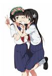  black_hair green_eyes grin hair_ornament head_wreath long_hair multiple_girls one_eye_closed sakugawa_school_uniform saten_ruiko school_uniform serafuku short_hair skirt smile to_aru_kagaku_no_railgun to_aru_majutsu_no_index tt_(poposujp) uiharu_kazari v 