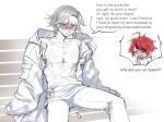  aotsuki_eito black_hair blush coat commentary english_commentary english_text eyelashes glasses grey_hair long_sleeves male_focus multicolored_hair multiple_boys open_clothes open_coat open_mouth pants red_hair see-through_clothes shirt simple_background sitting speech_bubble sumino_takumi sweat the_hundred_line_-last_defense_academy- tsu_(lovesick1964) wet wet_clothes white_background white_coat white_pants white_shirt 