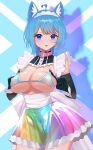  1girl ahoge alternate_costume animal_ear_piercing animal_ears bell belt bikini black_gloves blue_background blue_bikini blue_eyes blue_hair blush breasts buren closed_mouth covered_nipples cowboy_shot crotch_zipper dog_ears dog_girl earrings elbow_gloves enmaided gloves hair_ornament heart heart_earrings highres iridescent jewelry large_breasts looking_at_viewer maid maid_bikini maid_headdress medium_hair nanashi_inc. neck_bell pink_belt sash see-through_clothes see-through_skirt shadow single_earring skirt smile solo souya_ichika strap_pull swimsuit tongue tongue_out unconventional_maid virtual_youtuber white_background white_sash wolf_cut x_hair_ornament 