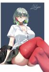  1girl absurdres breasts cleavage colored_tips diabellstar_the_black_witch duel_monster green_eyes green_hair grey_eyes grey_hair highres large_breasts looking_at_viewer medium_hair multicolored_hair noagen open_mouth pale_skin pleated_skirt school_uniform shirt simple_background skirt solo white_shirt yu-gi-oh! 