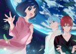  1girl 2boys black_eyes black_hair black_shirt blue_(happinesscharge_precure!) blue_eyes blue_hair bow bowtie brothers buttons closed_mouth collarbone collared_shirt cowboy_shot crossed_arms curly_hair dress dress_shirt earth_(planet) expressionless eyelashes floating_clothes hair_between_eyes hand_on_own_chest happinesscharge_precure! high_collar highres leaf light_blush light_frown light_particles lips long_dress long_sleeves looking_at_another multiple_boys open_mouth pink_bow pink_bowtie pink_dress planet pleated_dress precure queen_mirage red_(happinesscharge_precure!) red_eyes red_hair shipu_(gassyumaron) shirt short_hair siblings smile space sparkle star_(sky) tareme upper_body v-neck waving white_shirt wind 