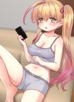  1girl :o ahoge asymmetrical_hair bare_arms bare_legs bare_shoulders barefoot blonde_hair blurry blurry_background blush breasts cameltoe camisole cellphone cleavage collarbone couch crop_top gradient_hair grey_camisole grey_shorts hair_between_eyes hand_up high_side_ponytail highres holding holding_phone huge_ahoge kanon_kei knee_up long_hair looking_at_viewer medium_breasts midriff multicolored_hair nail_polish navel on_couch open_mouth original phone red_hair red_nails short_shorts shorts side_ponytail single_sidelock sitting smartphone solo spread_legs very_long_hair yellow_eyes 