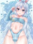  1boy androgynous animal_ears arm_behind_back ass_visible_through_thighs bandeau blue_background blue_bandeau blue_bow blue_eyes blue_sleeves bow bulge collarbone commentary_request covered_penis cowboy_shot detached_sleeves dragon_quest dragon_quest_x from_below hair_bow hero_(dq10) highres kuro11_222 linea_alba long_hair looking_at_viewer looking_down low_ponytail male_focus midriff navel ponytail rabbit_boy rabbit_ears skindentation solo sweatdrop thong trap tucking_hair white_hair 