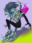  1other absurdres adapted_costume armor blue_skin cape colored_sclera colored_skin deltarune floating_hair halfmoonstruck highres kris_(dark_world)_(deltarune) kris_(deltarune) red_eyes yellow_sclera 