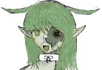  1girl antenna_hair black_souls black_souls_2 bright_pupils broken_mask chain chain_leash choker collar colored_skin green_eyes green_skin grey_hair hair_over_eyes happy highres leaf_(black_souls) leash looking_at_viewer mask medium_hair open_mouth pointy_ears single_sidelock smile solo white_background white_choker white_collar white_pupils yearnforblood 