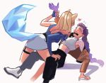  2girls ahri_(league_of_legends) animal_ears armpit_crease bare_shoulders bent_over black_pants blonde_hair blue_gloves blush body_markings braid brown_eyes brown_jacket colored_skin couple crop_top cropped_jacket crossover cymk_8 demon_girl finger_claws fingerless_gloves flying_sweatdrops fox_ears fox_tail from_above from_behind from_side girl_on_top gloves gradient_hair heart highres holding_another&#039;s_wrist jacket k/da_ahri kpop_demon_hunters league_of_legends leaning_back leaning_forward long_braid long_hair long_sleeves looking_up multicolored_hair multicolored_skin multiple_girls navel nervous_sweating off_shoulder official_alternate_costume open_mouth pants rumi_(kpop_demon_hunters) shade shadow shoes simple_background single_braid single_glove single_sleeve skirt sleeveless stomach sweat tail teeth thigh_strap two-tone_hair two-tone_skin upper_teeth_only white_background white_shoes wide-eyed yuri 