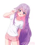  1girl cowboy_shot flat_chest highres hololive hololive_english koseki_bijou long_hair looking_at_viewer open_mouth purple_eyes purple_hair shiroyumin shirt short_shorts short_sleeves shorts sidelocks solo t-shirt thighs v very_long_hair web_address white_background white_shirt 