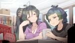  1girl 1other black_hair blue_eyes blush bow bowtie breasts cleavage closed_eyes coffee frown green_hair highres kako_(kemono_friends) kemono_friends kemono_friends_2 kyururu_(kemono_friends) large_breasts long_hair multicolored_hair ponytail print_bow print_bowtie riri_(dgra3272) shirt short_hair smile 
