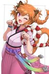  1girl ;d bracelet braid breasts cat_girl facepaint facial_mark fang fire_emblem fire_emblem:_radiant_dawn fire_emblem_heroes gonzarez gradient_clothes highres japanese_clothes jewelry kimono laguz_(fire_emblem) layered_clothes layered_kimono light_blush looking_at_viewer lyre_(fire_emblem) lyre_(new_year)_(fire_emblem) medium_breasts messy_hair official_alternate_costume one_eye_closed open_mouth orange_hair orange_tail paw_pose pink_kimono purple_eyes rainbow_ribbon rope smile solo whisker_markings white_background 