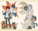  2boys 6+others 7nite absurdres ahoge aotsuki_eito banette black_gloves black_jacket black_pants black_shoes black_streaks blue_eyes chinese_commentary crossover falinks galarian_corsola glasses gloves grey_eyes grey_hair grey_jacket highres holding holding_poke_ball hood hoodie jacket jacket_over_hoodie litten looking_at_viewer lunatone multicolored_hair multicolored_jacket multiple_boys multiple_others pants poke_ball pokemon pokemon_(creature) premier_ball red_hair shoes short_hair smile streaked_hair sumino_takumi the_hundred_line_-last_defense_academy- two-tone_jacket volcarona weibo_username white_background white_hoodie white_jacket white_pants white_shoes 