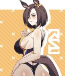  1girl air_groove_(umamusume) alternate_costume animal_ears artist_logo ass bare_shoulders black_one-piece_swimsuit blush breasts brown_hair cero_rains commentary ear_ornament english_commentary from_behind hand_on_own_hip highres horse_ears horse_girl horse_tail large_breasts logo looking_at_viewer looking_back one-piece_swimsuit one-piece_thong orange_background purple_eyes short_hair sideboob simple_background solo swimsuit tail two-tone_background umamusume white_background 