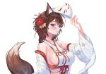  1girl absurdres animal_ears artist_request bare_shoulders blue_eyes bow breasts brown_hair closed_mouth commentary_request commission crop_top detached_sleeves flower fox_ears fox_mask fox_tail hair_flower hair_ornament hand_up highres korean_commentary long_hair looking_at_viewer mask mask_on_head midriff navel nontraditional_miko original red_bow revealing_clothes second-party_source shirt sideboob simple_background sleeveless sleeveless_shirt smile solo tail takamiya_keika upper_body white_background white_shirt wide_sleeves 