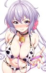  1girl ahoge animal_collar animal_print armpit_crease bell between_breasts bikini blush breasts closed_mouth collar commentary_request cow_print cow_print_bikini cowbell embarrassed full-face_blush groin hair_between_eyes hair_ornament hair_scrunchie highres holding_own_leash large_breasts lips long_hair looking_at_viewer navel print_bikini purple_eyes purple_hair scrunchie senki_zesshou_symphogear sho2 simple_background solo stomach swimsuit twintails very_long_hair yukine_chris 