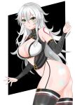  1girl aged_up alternate_breast_size alternate_hair_length alternate_hairstyle arm_at_side arm_belt bandaged_arm bandages bare_shoulders belt black_background black_garter_straps black_panties black_shirt black_thighhighs boots breasts cleavage cleavage_cutout clothing_cutout commentary_request cowboy_shot double-parted_bangs fate/apocrypha fate_(series) from_side garter_straps green_eyes grey_hair hair_between_eyes hand_up highleg highleg_panties jack_the_ripper_(fate/apocrypha) large_breasts long_bangs long_hair looking_at_viewer maria_the_ripper messy_hair multiple_belts panties parted_lips partial_commentary revealing_clothes sakura_kyuma scar scar_across_eye scar_on_cheek scar_on_face shiny_skin shirt shoulder_tattoo simple_background sleeveless sleeveless_shirt solo stomach tattoo thick_thighs thigh_belt thigh_boots thigh_strap thighhigh_belt thighhighs thighs turning_head two-tone_background two-tone_shirt underwear very_long_hair white_background white_shirt 