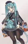 1girl absurdres aqua_eyes aqua_hair black_dress black_pantyhose clothes_lift dress dress_lift hat hatsune_miku highres idamaria lifting_own_clothes long_hair looking_at_viewer pantyhose smile solo stuffed_toy twintails very_long_hair vocaloid 