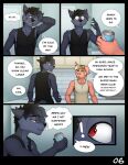  anthro backwards_baseball_cap backwards_hat baseball_cap beverage_can black_hair blonde_hair blue_eyes bottomwear canid canine canis clothed clothing cole_(granitemcgee) comic curled_tail danny_(granitemcgee) dialogue domestic_pig duo embarrassed english_text fully_clothed fur granitemcgee grey_body grey_fur hair hat headgear headwear hi_res inside male mammal notched_ear pants red_eyes shirt speech_bubble stubble suid suine sus_(pig) tail tank_top text topwear wolf 