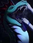 ambiguous_feral ambiguous_gender black_background blue_body blue_tongue bodily_fluids dragon duo fangs feral frill_(anatomy) fur glistening glistening_eyes head_crest head_frill hi_res horn liovchick mouth_play mouth_shot mythological_creature mythological_scalie mythology narrowed_eyes open_mouth red_frill red_horn riorix saliva saliva_string scalie simple_background solo_focus teeth tongue tongue_out whiskers white_body white_fur