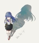  1girl arms_behind_back black_skirt blue_hair blunt_bangs bow bowtie closed_eyes closed_mouth copyright_name foreshortening from_above furude_rika higurashi_no_naku_koro_ni hime_cut kneehighs long_hair mary_janes no_nose pink_bow pink_bowtie red_shoes shadow shirt shoes simple_background skirt sky smile socks solo sonola69 suspender_skirt suspenders white_background white_shirt white_socks 