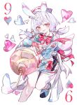  1girl absurdres animal_ears aqua_dress bow bowtie card cocoballking commentary dress foot_out_of_frame genshin_impact hat heart highres holding holding_syringe long_hair long_sleeves looking_at_viewer low_twintails nine_of_hearts nurse_cap open_mouth oversized_object playing_card purple_hair red_bow red_bowtie red_eyes sigewinne_(genshin_impact) solo syringe teeth twintails upper_teeth_only white_hat 