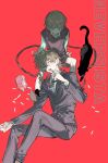  2boys black_cat black_jacket black_pants brown_hair cat collared_shirt hair_between_eyes highres jacket lying male_focus multiple_boys necktie on_back open_mouth original pants pill qyzhiaiyisheng red_background shirt short_hair shorts sitting suit white_shirt 