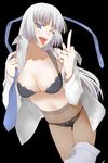  black_background black_bra black_panties blue_eyes bra breasts cleavage crotch_seam highres jormungand koko_hekmatyar large_breasts long_hair middle_finger navel necktie one_eye_closed open_clothes open_shirt panties panties_under_pantyhose pantyhose sheer_legwear shirt silver_hair solo tongue underwear yukimitsuki 