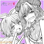  2girls animal_ears bare_shoulders beret blush breasts carrot_hair_ornament commentary_request fingerless_gloves food-themed_hair_ornament gloves grin hair_between_eyes hair_ornament hand_up hat heart highres hololive houshou_marine houshou_marine_(businesswoman) kiritoma large_breasts multiple_girls purple_background rabbit_ears see-through_cleavage see-through_clothes short_eyebrows sleeveless sleeveless_jacket smile thick_eyebrows translation_request usada_pekora usada_pekora_(casual) v virtual_youtuber 
