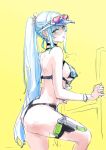  1girl ass bikini black_bikini breasts commentary earrings eyewear_on_head from_side girls&#039;_frontline girls&#039;_frontline_2:_exilium green_eyes grey_hair highres hk416_(girls&#039;_frontline) holster jewelry klukai_(girls&#039;_frontline_2) large_breasts long_hair looking_at_viewer official_alternate_costume osakana_(denpa_yun&#039;yun) ponytail pool_ladder sideboob sketch solo sunglasses swimsuit symbol-only_commentary teardrop_facial_mark thigh_holster very_long_hair visor_cap water_gun yellow_background 