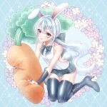  1boy absurdres androgynous animal_ears bare_shoulders black_boots black_bow black_bowtie black_bridal_gauntlets black_shorts black_thighhighs blue_background boots bow bowtie bridal_gauntlets bulge commentary_request dragon_quest dragon_quest_x floating_hair flower grey_eyes grey_nails hair_bow hero_(dq10) highres holding holding_stuffed_toy knees_together_feet_apart kuro11_222 long_hair looking_at_viewer low_ponytail male_focus male_playboy_bunny ponytail rabbit_boy rabbit_ears rabbit_tail shirt shorts skindentation sleeveless sleeveless_shirt smile solo sparkle stuffed_carrot stuffed_toy tail thighhighs trap white_hair white_shirt 