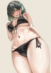 1girl bikini black_bikini blush breasts carskey1120 embarrassed from_below green_eyes green_hair hair_ornament hand_on_own_chest highres large_breasts link!_like!_love_live! love_live! momose_ginko navel open_mouth solo sweatdrop swimsuit tassel tassel_hair_ornament virtual_youtuber 