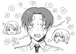  1boy 2girls :d :o ? anger_vein angry brother_and_sister chibi collared_shirt commentary_request curtained_hair freckles furrowed_brow futsuu_no_keion-bu greyscale head_only hotategaii kameya_kazushi kameya_san mole mole_on_cheek mole_under_eye mole_under_mouth monochrome multiple_girls necktie parted_bangs portrait school_uniform shirt short_hair siblings simple_background smile sweat swirl tsuru_asaka twins white_background 
