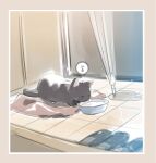  black_cat black_shoes border bowl cat closed_eyes closed_umbrella commentary_request highres indoors licking loafers milk musical_note no_humans original pink_border puddle shoes spoken_musical_note tile_floor tiles transparent transparent_umbrella umbrella whiskers white_border yukimaru_nun 