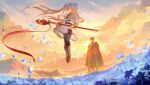 1boy 1girl belt blue_flower boots chinnkun closed_eyes cloud cloudy_sky day dress dutch_angle fantasy floating flower frieren from_below glowing_flower himmel_(sousou_no_frieren) holding holding_staff landscape levitation long_hair mountainous_horizon nature painterly petals signature sky sousou_no_frieren staff statue sun sunlight twintails watermark white_dress white_hair 