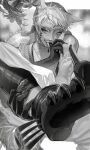  1boy animal_ears arabian_clothes beret biting_own_finger blurry blurry_background blush choker clothes_pull collarbone costume_request dark-skinned_male dark_skin facial_mark fake_claws fangs feather_hair_ornament feathers feet foot_focus forehead_mark fork furrowed_brow greyscale grin hair_ornament halloween_costume hand_on_own_leg hat highres jewelry kalim_al-asim kemonomimi_mode layered_shirt leaf light_particles looking_at_viewer male_focus mau_sakura monochrome narrowed_eyes official_alternate_costume one_eye_closed open_mouth pants pants_pull pawpads pendant_choker pose_request presenting_foot red_pupils saliva saliva_on_hand saliva_trail shirt short_hair single_ear_down sleeveless sleeveless_shirt smile solo spot_color swept_bangs twisted_torso twisted_wonderland twitter_username very_short_hair wolf_ears 