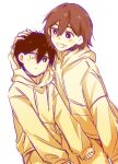  2boys antenna_hair bailan1130 black_hair brown_hair cataracts closed_mouth grin headpat highres hood hoodie kel_(faraway)_(omori) kel_(omori) long_sleeves looking_at_another male_focus multiple_boys omori parted_lips partially_colored shorts smile spoilers sunny_(omori) teeth 