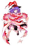  1girl alphes_(style) ascot black_hat black_shoes black_skirt capelet collared_shirt commentary_request dairi defeat frilled_capelet frilled_shawl frills full_body hagoromo half-closed_eyes hat hat_ribbon highres large_variant_set long_skirt long_sleeves looking_at_viewer medium_hair nagae_iku parody purple_hair red_ascot red_eyes ribbon shawl shirt shoes skirt solo style_parody tachi-e torn_clothes touhou transparent_background variant_set white_shirt 
