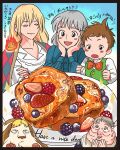  2boys 2girls black_border blackberry_(fruit) blonde_hair blue_dress blueberry blush border bow bowtie brown_hair calcifer child crossed_arms dog dress earrings excited food french_toast fruit green_vest grey_hair hands_on_own_face heen highres howl_no_ugoku_shiro howl_pendragon jacket jacket_on_shoulders jewelry markl medium_hair multiple_boys multiple_girls old old_woman powdered_sugar proud raspberry rikaco1988 shirt short_hair sophie_hatter strawberry thick_eyebrows translation_request vest white_shirt witch_of_the_waste 