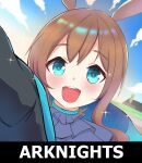  1girl amiya_(arknights) animal_ears arknights arm_up ascot blue_eyes blue_sky brown_hair copyright_name dutch_angle highres kelsuis long_hair looking_at_viewer open_mouth parody purple_ascot rabbit_ears rabbit_girl sky solo sparkle teeth umamusume upper_teeth_only 