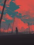  1girl cloud cloudy_sky commentary contrail dark ele_artworks english_commentary highres lamppost original outdoors red_clouds scenery short_hair signature silhouette sky solo star_(sky) starry_sky sunset wind_turbine 