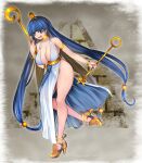  1girl alternate_costume aoshima blue_eyes blue_hair breasts cleavage closed_mouth commentary_request dress full_body gold_hairband gold_shoes grey_background hairband high_heels highres holding holding_scepter large_breasts legs long_hair looking_at_viewer michigami_nareko no_bra no_panties open_mouth pyramid_(structure) scepter shoes smile solo standing standing_on_one_leg touhou very_long_hair white_dress 