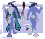 absurd_res anthro balls big_balls big_penis black_claws black_hair blue_body blue_scales claws corrsk genitals green_hair grey_body grey_scales hair hi_res huge_balls huge_penis humanoid_genitalia humanoid_penis long_hair long_tail lovander male model_sheet mouth_shot multi_tail multicolored_body multicolored_hair multicolored_scales multicolored_tail muscular muscular_male open_mouth pal_(species) palworld penis pocketpair red_eyes sammie_(zombiedwolf) scales sharp_teeth solo tail teeth womb_tattoo