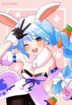  1girl ;d animal_ear_fluff animal_ears arm_up bare_shoulders black_gloves black_leotard blue_hair bow braid breasts brown_eyes brown_pantyhose carrot_hair_ornament commentary_request detached_sleeves don-chan_(usada_pekora) dress food-themed_hair_ornament fur-trimmed_dress fur-trimmed_gloves fur_trim gloves hair_bow hair_ornament highres hololive kiritoma leotard long_hair looking_at_viewer one_eye_closed pantyhose pink_background puffy_short_sleeves puffy_sleeves rabbit-shaped_pupils rabbit_ears short_sleeves signature small_breasts smile solo strapless strapless_dress strapless_leotard symbol-shaped_pupils twin_braids twintails usada_pekora usada_pekora_(1st_costume) very_long_hair virtual_youtuber w white_bow white_dress white_sleeves 
