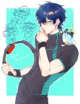  1boy animal_on_shoulder aqua_eyes black_pants black_shirt blue_hair border chibi chibi_inset closed_eyes exercising gagake_v headband highres leos_vincent male_focus mameneko_(leos_vincent) nijisanji outside_border pants parted_lips ring_fit_adventure shirt short_hair sideways_glance sit-up sparkle squatting steaming_body sweat virtual_youtuber white-framed_eyewear white_border wristband 