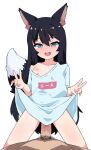  1boy 1girl absurdres animal_ears black_hair blue_shirt blush borrowed_character clothes_lift cowgirl_position double_v fox_ears fox_girl fox_tail highres implied_sex long_hair looking_at_viewer naked_shirt nipples off_shoulder original oversized_clothes oversized_shirt penis pov pov_crotch pruzhka_(wardi113) shirt shirt_lift simple_background single_off_shoulder smile straddling sweat tail tears v white_background 