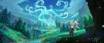  1boy 1girl aether_(genshin_impact) blue_flower chinnkun cloud fantasy flower forest from_behind genshin_impact giant_tree grass landscape light_particles meadow mihoyo nature night paimon_(genshin_impact) painterly river rock skirt sky spirit star_(sky) starry_sky tree water watermark 