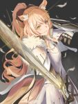  1girl absurdres animal_ear_fluff animal_ears arknights arm_guards armor belt black_background black_bow black_gloves blemishine_(arknights) blonde_hair bow brown_eyes cape closed_mouth commentary_request feathers full_armor fur-trimmed_cape fur_trim gloves hair_bow high_ponytail highres holding holding_sword holding_weapon horse_ears horse_girl horse_tail jierman kingdom_of_kazimierz_logo long_hair looking_at_viewer ponytail shield sidelocks simple_background solo sword tail thighhighs upper_body v-shaped_eyebrows weapon white_cape 