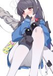  1girl absurdres animal_ear_hairband animal_ears armband binoculars black_armband black_gloves blue_archive blue_serafuku blue_shirt blue_skirt blunt_bangs blunt_sidelocks blush bolt_action bright_pupils commentary covering_own_mouth dy_kai fake_animal_ears feet_out_of_frame furrowed_brow gloves grey_hair gun gun_sling hairband halo hand_over_own_mouth highres holding holding_binoculars knee_pads knees legs long_hair long_sleeves looking_afar miniskirt miyu_(blue_archive) mosin-nagant nose_blush panties pantyhose pantyshot pleated_skirt puffy_long_sleeves puffy_sleeves rabbit_ear_hairband rabbit_ears red_eyes rifle sailor_collar sailor_shirt school_uniform serafuku shirt sidelocks simple_background single_knee_pad skirt solo thermos underwear very_long_hair weapon white_background white_hairband white_halo white_panties white_pantyhose white_pupils white_sailor_collar 