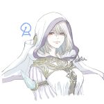  1girl cropped_torso final_fantasy final_fantasy_xiv highres hood hood_up looking_at_viewer nymeia red_eyes saku_ff11 short_hair signature simple_background smile solo upper_body white_background white_hair 