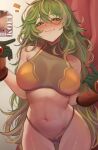  1girl bikini blush boku_no_hero_academia breasts chrissytoji closed_mouth commentary curtains deku&#039;s_photo_of_hagakure_toru english_commentary gloves green_bikini green_eyes green_gloves green_hair hagakure_toru half-closed_eyes highres large_breasts long_hair looking_at_viewer messy_hair multicolored_hair navel official_alternate_costume pointing pointing_at_self poster_(object) smile solo standing swimsuit turtleneck_bikini_top two-tone_gloves underwear unusually_visible 